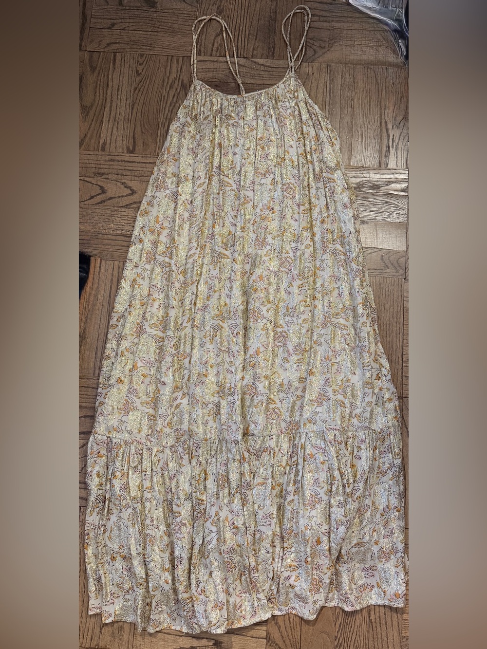 Zara Floral Tiered Maxi Skirt in Cream with Gold and Pink Accents
